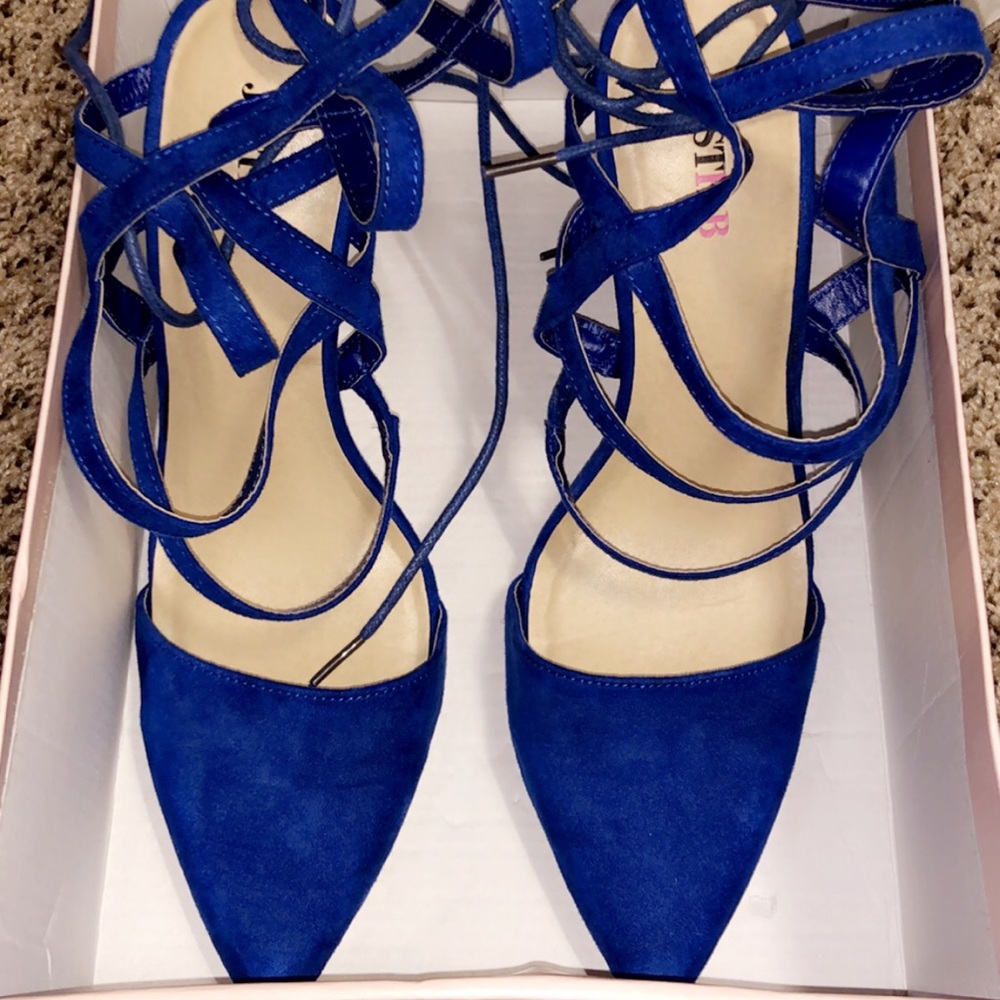 Cobalt blue lace-up caged pumps